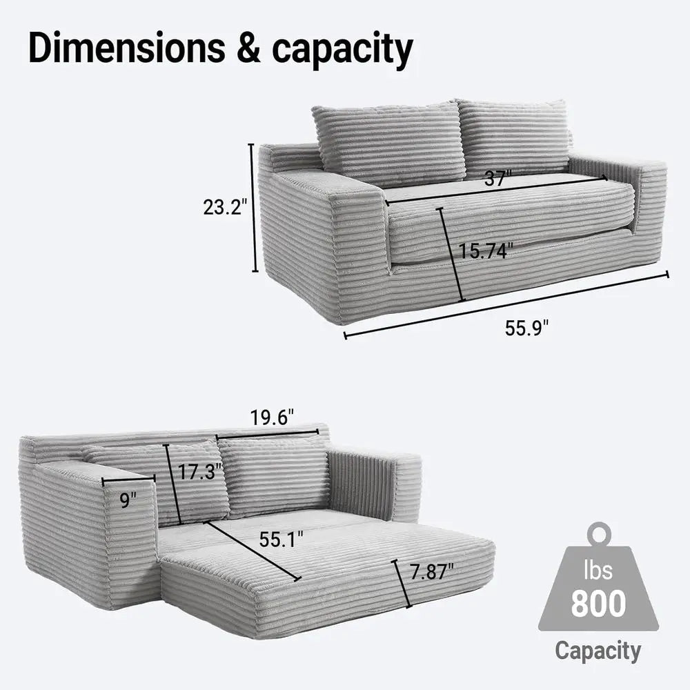 2 in 1 Convertible 56 Corduroy Cloud Loveseat Sofa, Memory Foam Couch in a Box, Easy Assembly for Small Spaces, Suitable for Hom