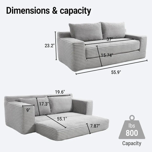 2 in 1 Convertible 56 Corduroy Cloud Loveseat Sofa, Memory Foam Couch in a Box, Easy Assembly for Small Spaces, Suitable for Hom
