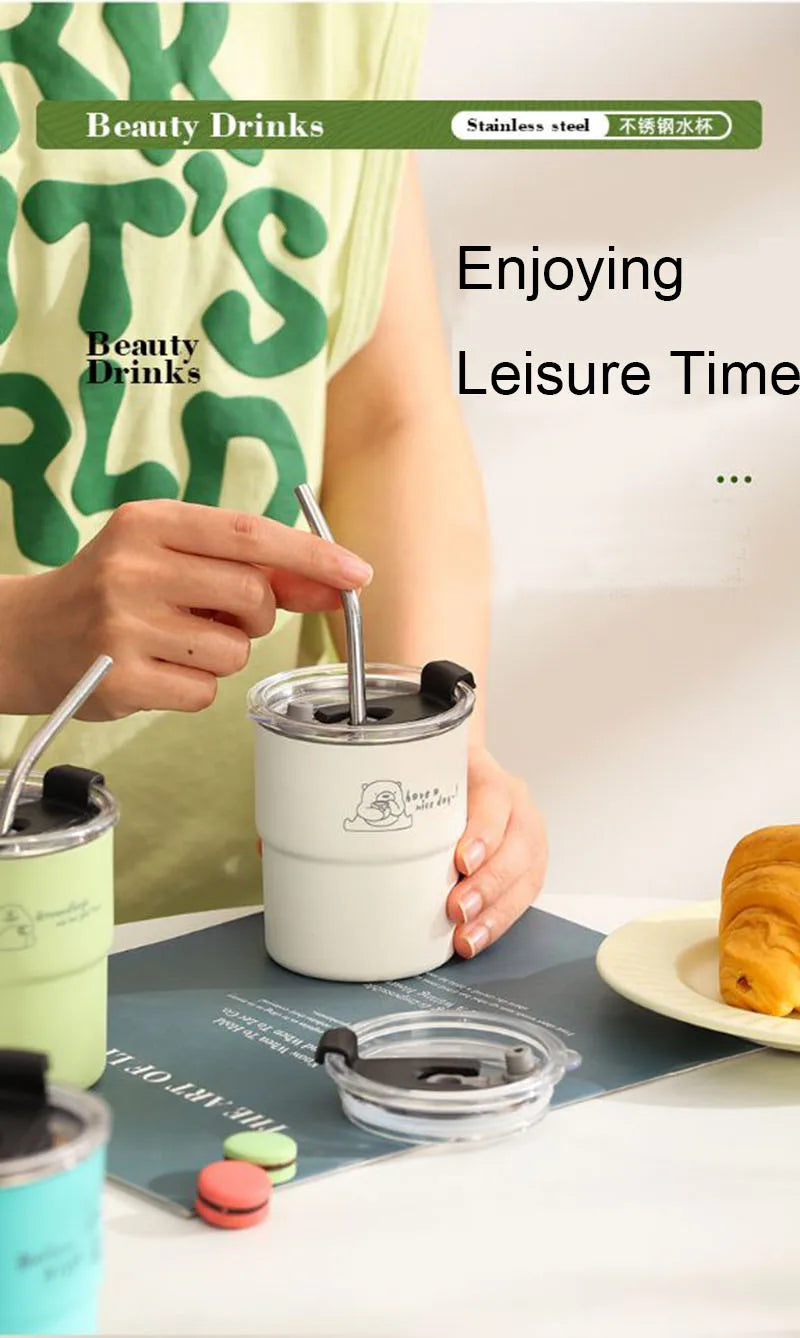 300ml Drinking Cup With Straw Portable Stainless Steel Coffee Cups Mug With Lid Heat Resistant Tea Cup Tumbler Travel Mug