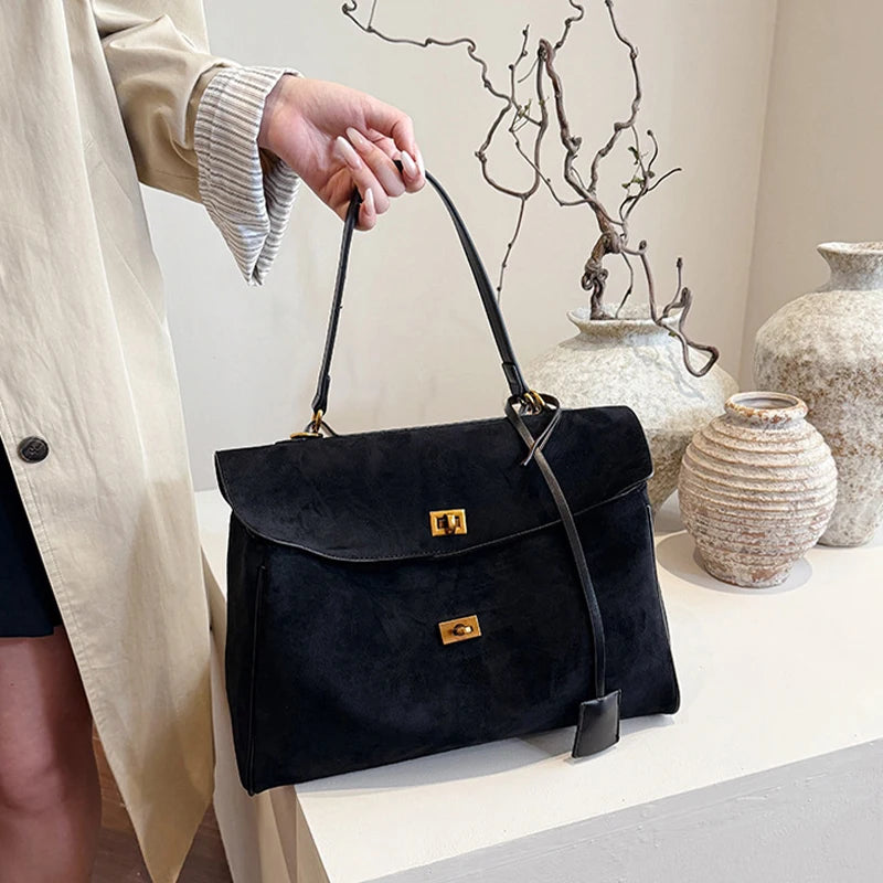 Luxury Brand Women Messenger Bags Soft Leather Brown Suede Hand Held Totes Gold Buckle Women Shoulder Bags Lady Trend Satchel