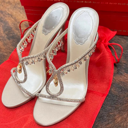 Rhinestone One-word Strap High Heels Slippers Women's 2025 New Summer Sandals Thin Heels Cool Slippers