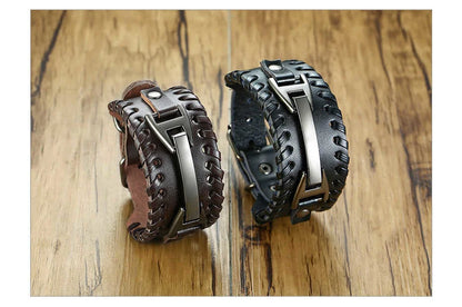 Vnox Wide Leather Wristband for Men Stylish Genuine Leather Bangle with Metal Charm Bracelets Punk Male Pulseira
