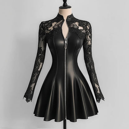 PU Leather Dresses for Women Stand Collar Lace Long Sleeve Zipper Slim Fit Mini Dress Woman Elegant A-Line Dress Streetwear Top