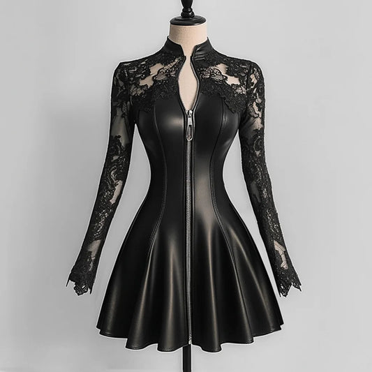 PU Leather Dresses for Women Stand Collar Lace Long Sleeve Zipper Slim Fit Mini Dress Woman Elegant A-Line Dress Streetwear Top