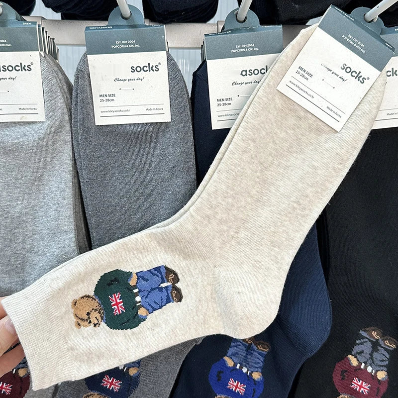 Polo Socks Men Gentleman Cotton Socks Bear Cartoon Bussiness Harajuku Skateboard Novelty Breathable Sox Designer Socks Size46-39