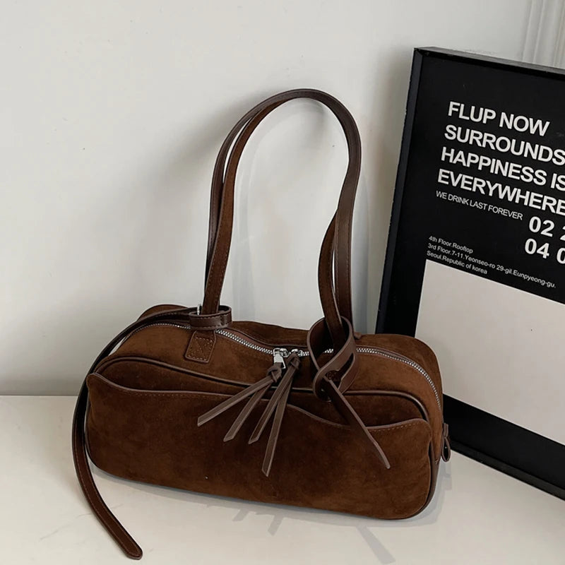 Retro Red Suede Wedding Shoulder Bag Luxury Designer Women Versatile Underarm Bags Elegant Female Large Capacity Handbags