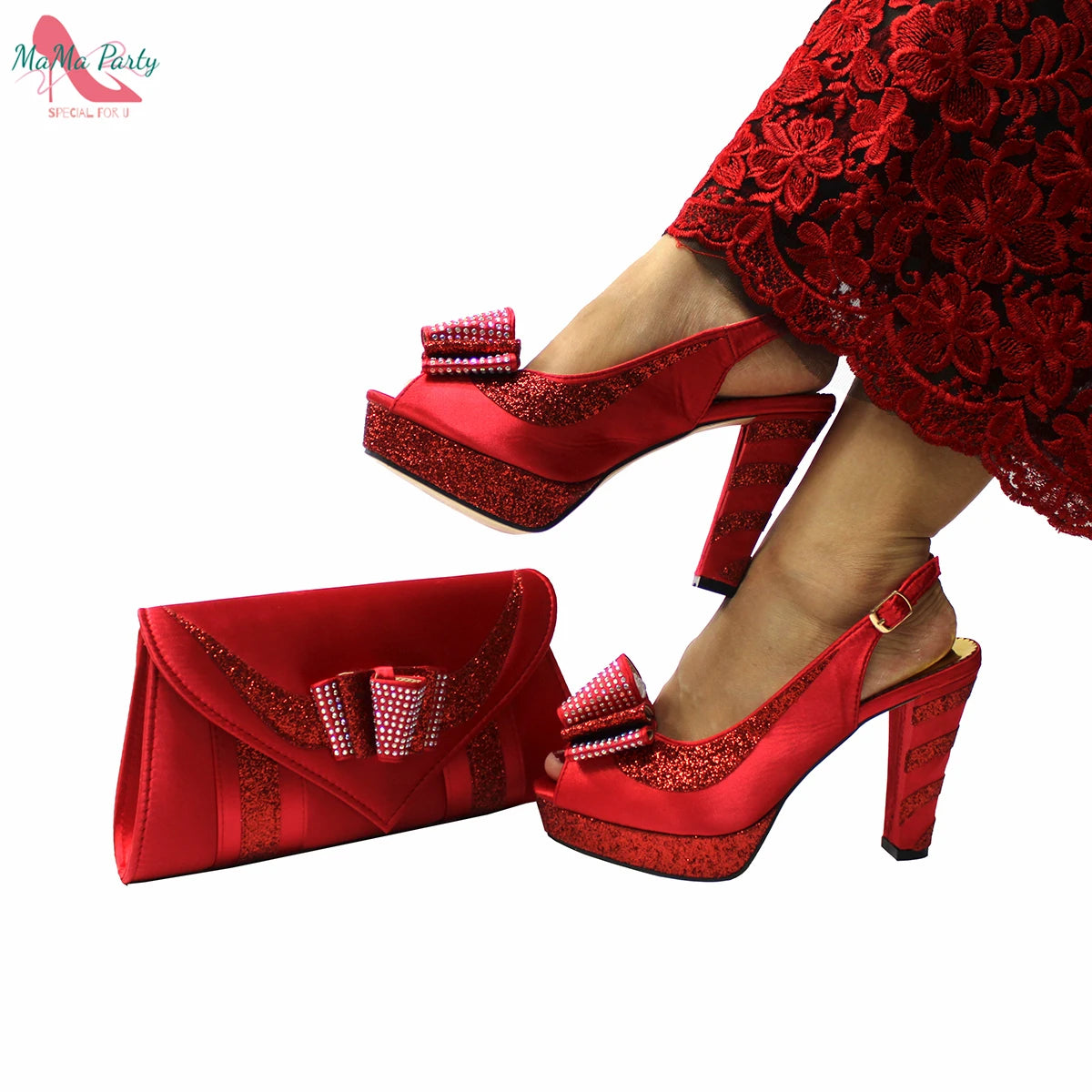 2025 Red Elegant Style Italian Women Shoes Matching Hand Bag Set  Slingbacks Sandals with Platform for Party