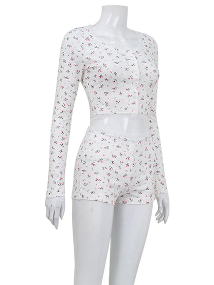 Ahagaga Fashion Sexy Printed Tracksuits Women Sleepwear Regular Casual O-neck Slim Fit Skinny 2 pieces Suit Sets (Tops+ Shorts)