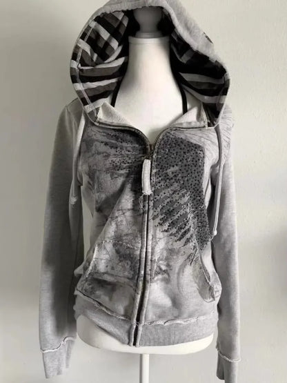 American street hot girl retro print black classic zipper hoodie women's y2k hip-hop trend temperament slim design jacket