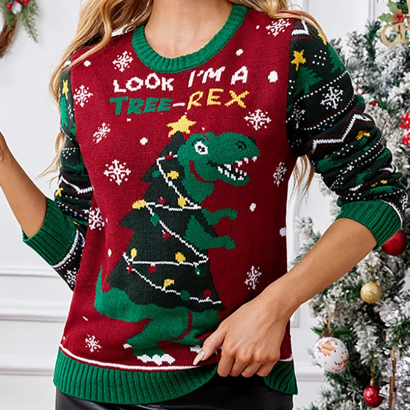 Christmas Dinosaur LED Lighting Sweater Red Green Color Block Pullover O Neck Novelty Sleeve Print Fun Holiday Family Gift