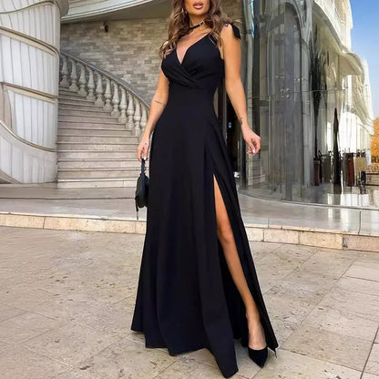 Elegant Women's Draped Big Hem Evening Dress Summer Fashion V-neck High Slit Party Dress 2025 New Sleeveless Party Long Dress