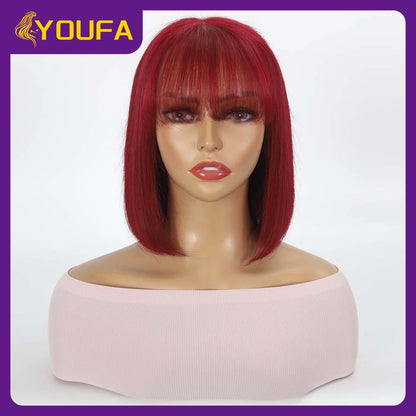 Burgundy 13x4 Lace Front Wigs With Bangs New Style 100% Brazilian Straight Human Hair Wigs Transparent Lace Frontal Bang Wigs