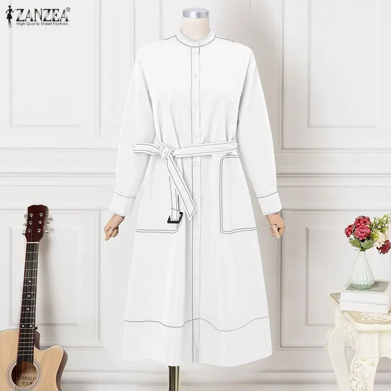 ZANZEA Fashion Long Shirt Dresses Women Elegant Streetwear Office Lady Midi Vestidos Belted Casual Autumn Long Sleeve Party Robe