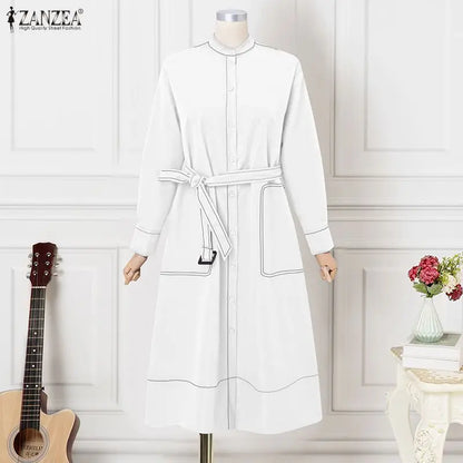 ZANZEA Fashion Long Shirt Dresses Women Elegant Streetwear Office Lady Midi Vestidos Belted Casual Autumn Long Sleeve Party Robe