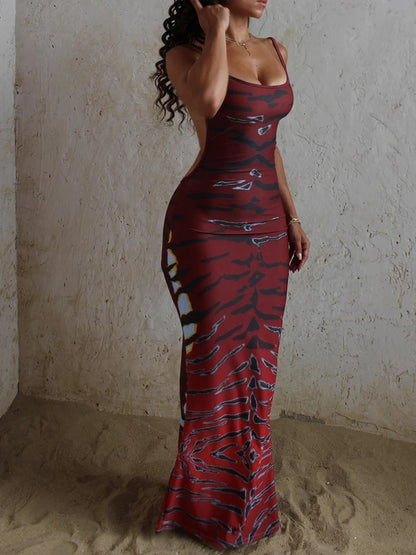 Weird Puss Backless Maxi Dress Women Sleeveless Leopard Print Sexy Skinny Clubwear Stretch Tight Beach Vacation Slim Vestidos