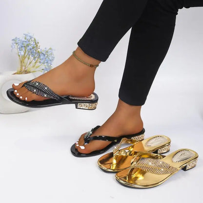 Luxury Rhinestone Leaf Flip Flops Woman Summer 2026 Gold Silver Crystal Low Heel Sandals Women Soft Bottom Lightweight Shoes 43