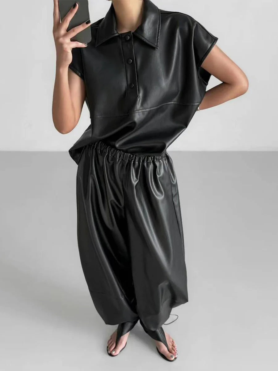 Autumn Women Pu Leather Elastic Waistband Lantern Pants Lady Casual Loose Shiny PU Trousers Trend Fashion Street Long Pants 2025