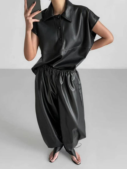 Autumn Women Pu Leather Elastic Waistband Lantern Pants Lady Casual Loose Shiny PU Trousers Trend Fashion Street Long Pants 2025