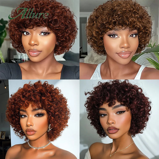 Jerry Curly Human Hair Wigs for Black Women 10 inch Short Pixie Afro Kinky Curly Wig With Bangs Brown Colored Hair Wigs Allure