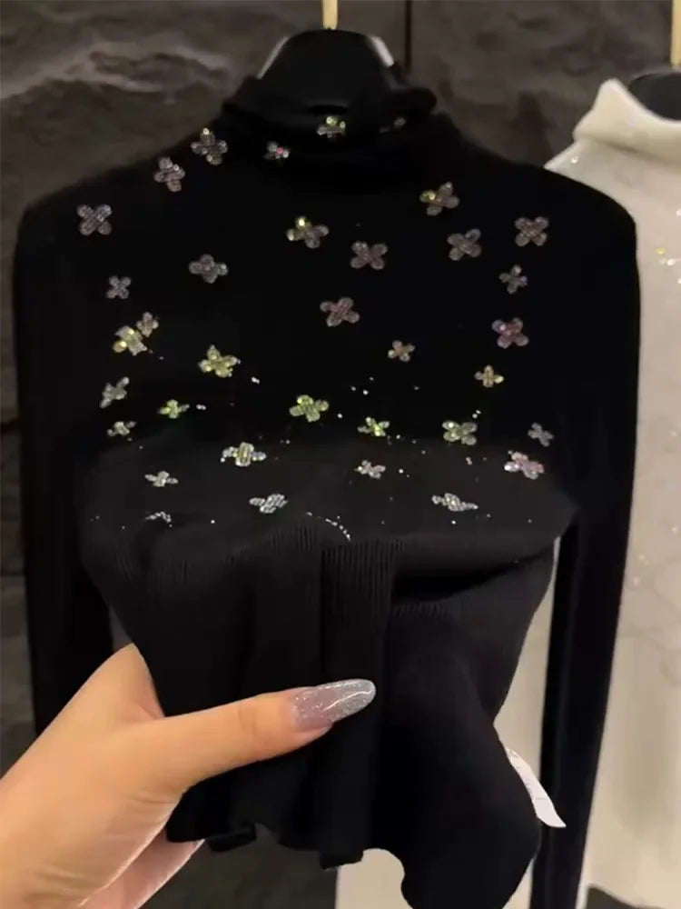 Luxury Style Diamonds Hot Drilling Turtleneck Slim Fit Black Sweater for Women Autumn/Winter Knitwear Pullovers Femme Clothing