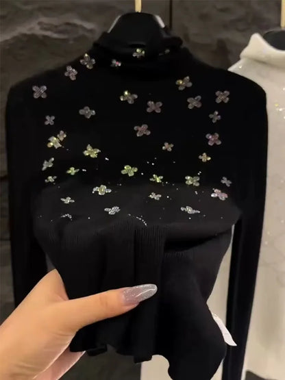 Luxury Style Diamonds Hot Drilling Turtleneck Slim Fit Black Sweater for Women Autumn/Winter Knitwear Pullovers Femme Clothing