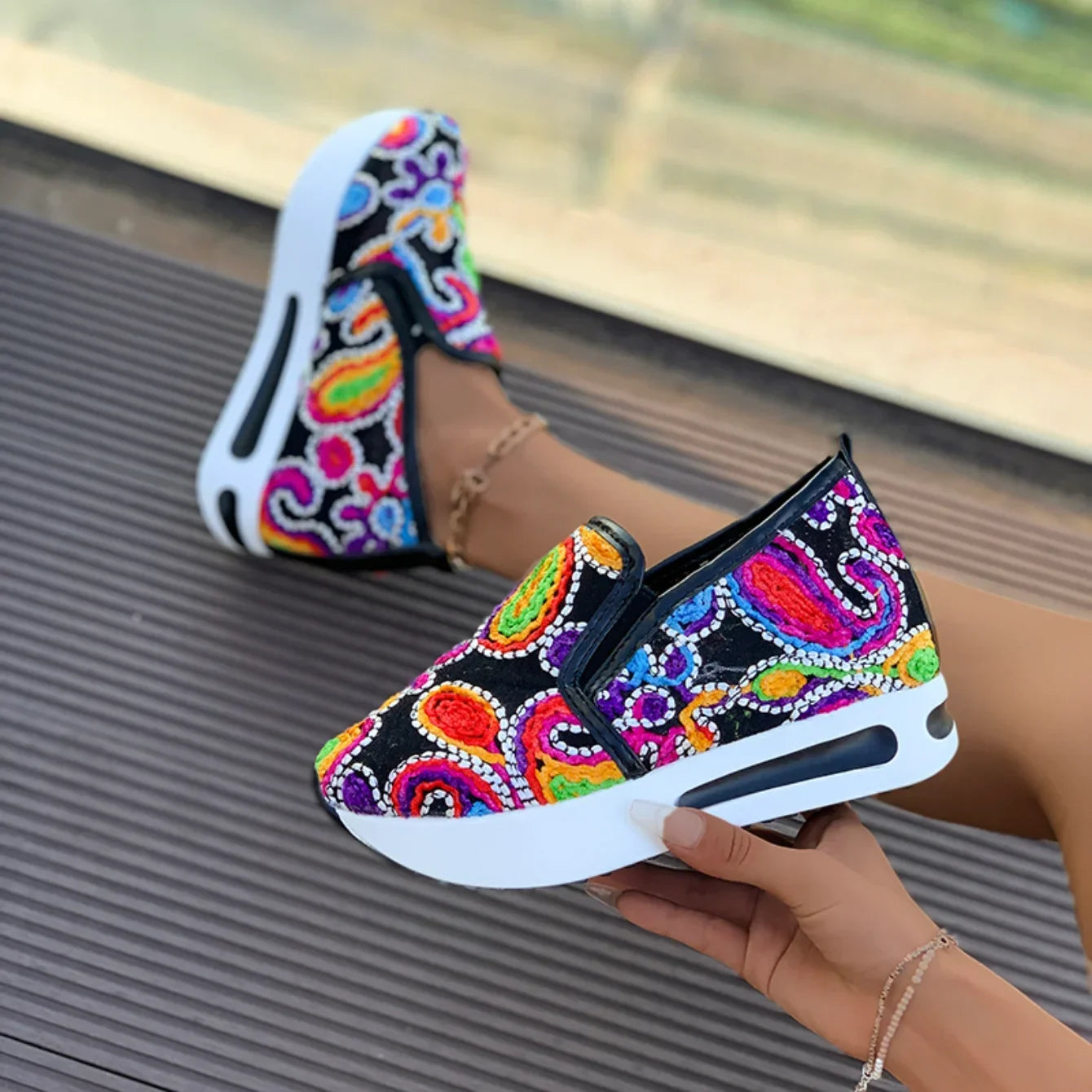 Women's Sneakers Rainbow Embroidered Platform Shoes for Women Breathable Mesh Loafers Lightweight Slip On Casual Shoes Plus Size