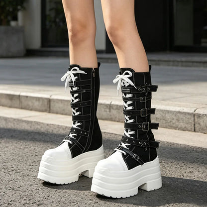 2026 Winter Punk Women Platform Knee High Boots Canvas Patchwork Lace-up Multi Metal Buckle Straps Chunky Heel Motorcycle Boots