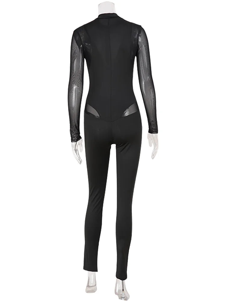 Ahagaga Sexy Club Women's Mesh Jumpsuits Patchwork Solid Regular Long Sleeves Sheath Skinny Sheer Turtleneck Casual Streetwear