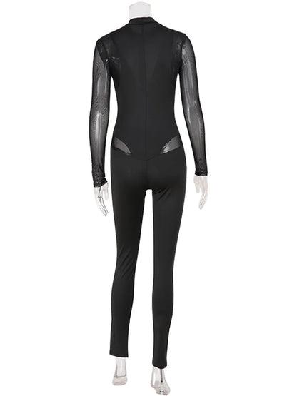 Ahagaga Sexy Club Women's Mesh Jumpsuits Patchwork Solid Regular Long Sleeves Sheath Skinny Sheer Turtleneck Casual Streetwear