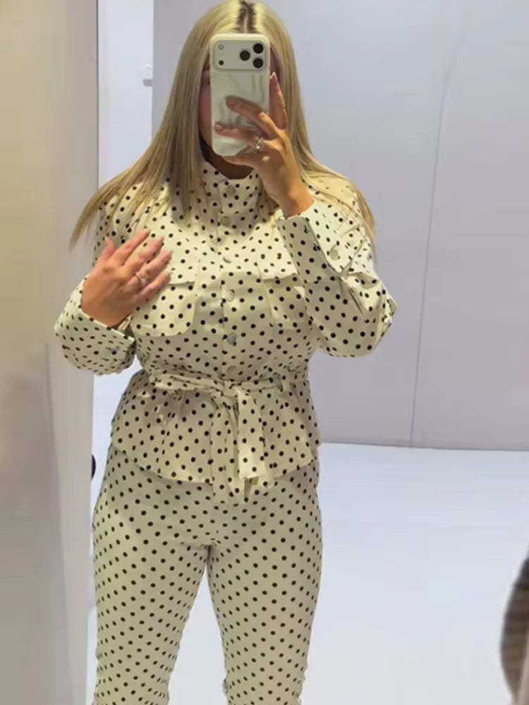 Fashion Polka Dot Cropped Pants Set For Women Y2K Stand Collar Lace Up Jacket High Waist Capri Pants Lady Street 2 Pieces Outfit