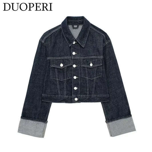 DUOPERI Women Fashion Denim Blue Single Breasted Jacket Lapel Neck Long Sleeves With Pockets Female Chic Lady Casual Outwear