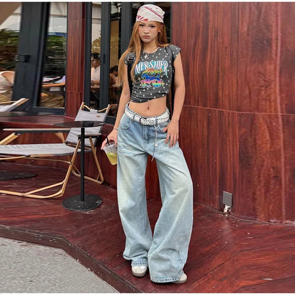 Women's Jeans Vintage Printed High Waist Zipper Pockets Straight Leg Trousers Female 2026 Spring Fashion Woman Clothes Outwears