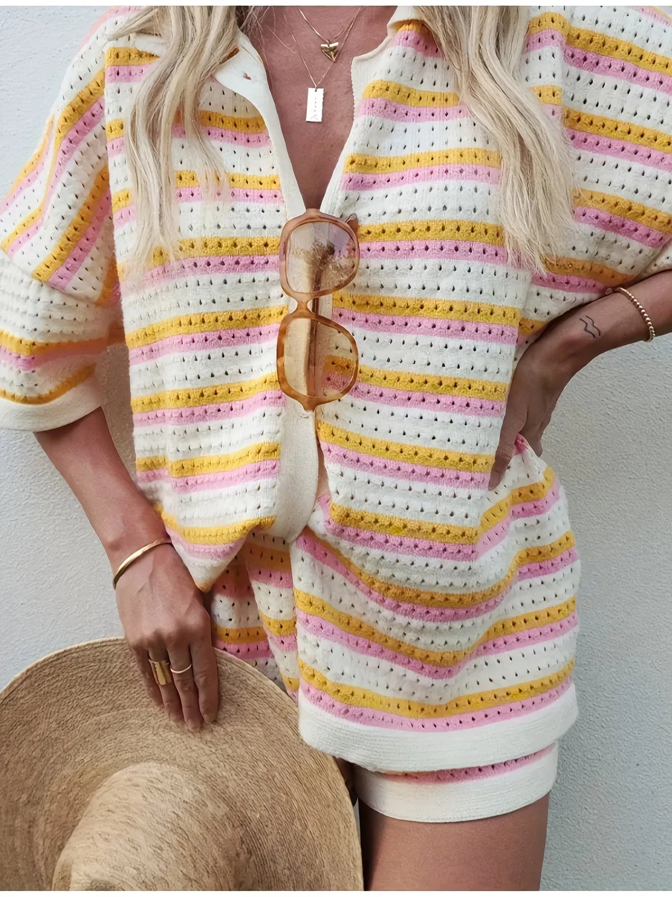 2026 Spring Summer Casual Beach Woolen Suit Fashionable Color-blocked Short-sleeved Striped Top And Loose Shorts Two-piece Set