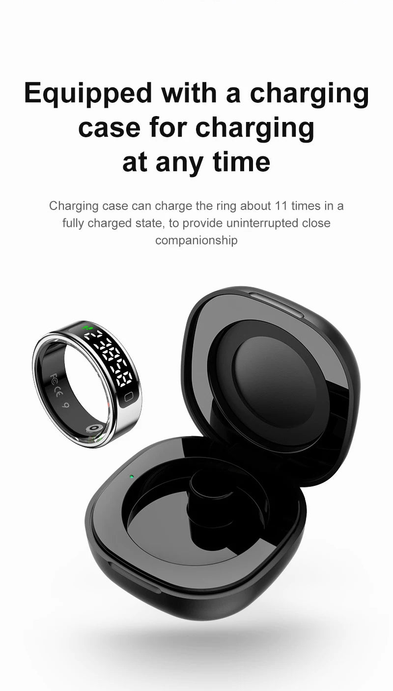 Touch Display Smart Ring R11C with Charging Box-1ATM Waterproof Step Health Tracker 5.2 BLE Heart Rate Blood Oxygen Monitor