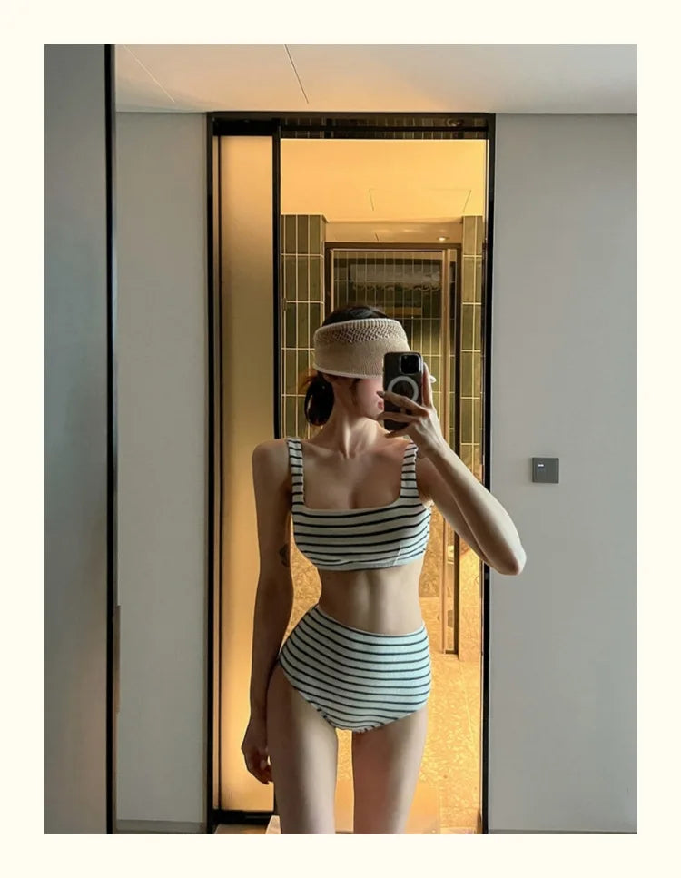 Korean Style Summer Stripe Women High Waisted Swimwear Female Push Up Swimsuit 2024 Swimming Bathing Suit Bikini Set Beach Wear