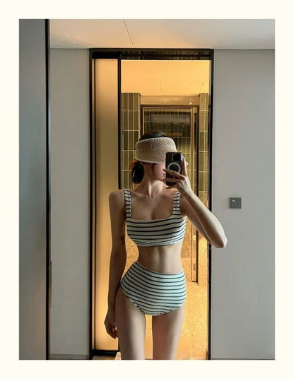 Korean Style Summer Stripe Women High Waisted Swimwear Female Push Up Swimsuit 2024 Swimming Bathing Suit Bikini Set Beach Wear
