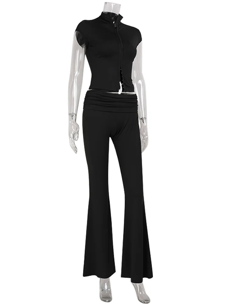 CNYISHE Lace Buckle Women Sets Fashion Cool Half High Collar Short Sleeve Sheath Chic Tees Solid Female Suits Trendy Sexy Pants