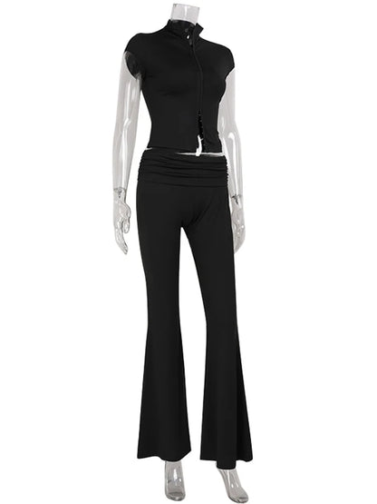 CNYISHE Lace Buckle Women Sets Fashion Cool Half High Collar Short Sleeve Sheath Chic Tees Solid Female Suits Trendy Sexy Pants