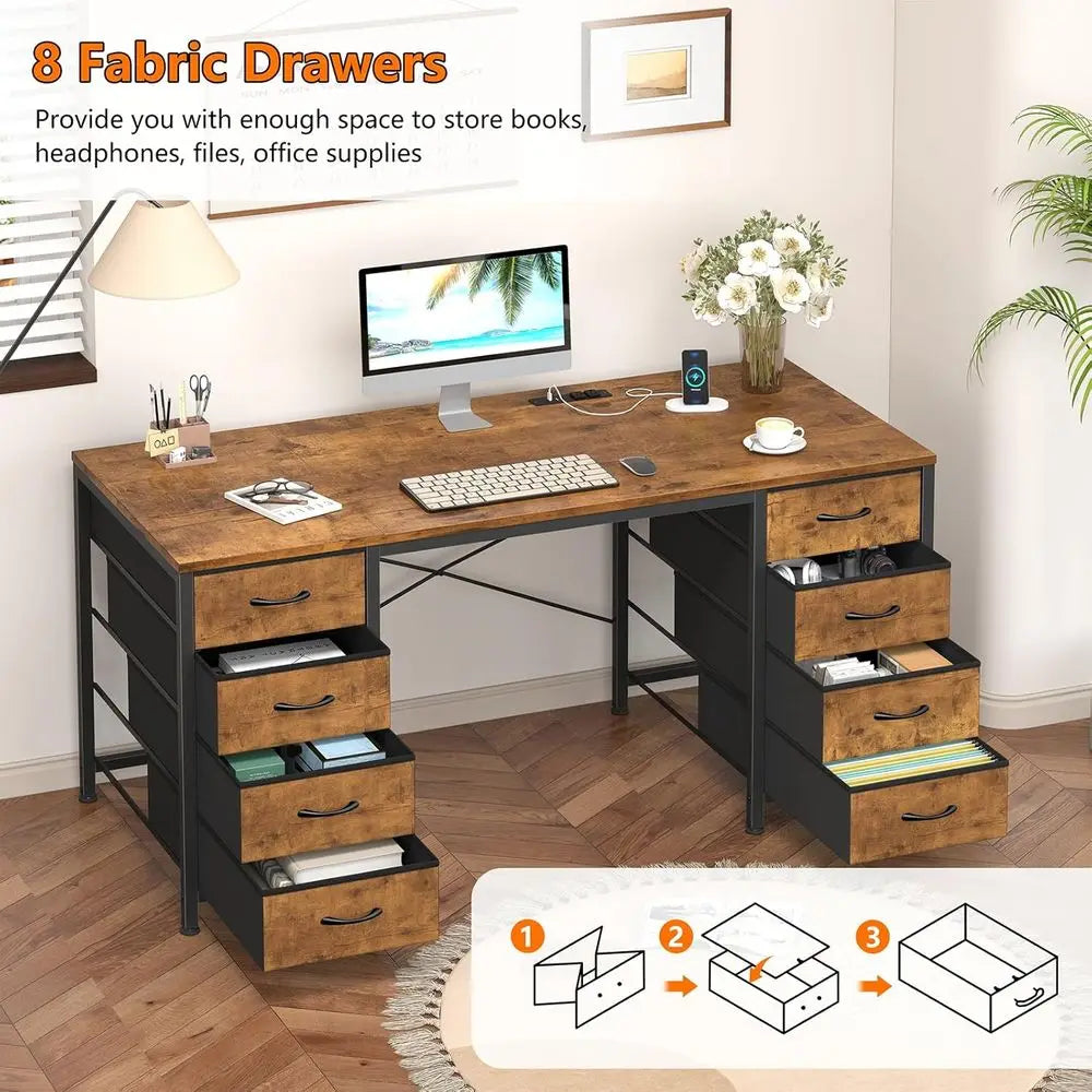 50-inch Rustic Brown Study Desk with 8 Drawers, Power Outlets for Home Office and Gaming