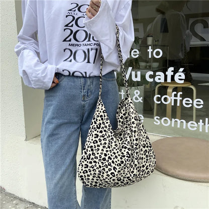 Women's Shoulder Bags Leopard Print Flower Fashionable Trendy Canvas Cross Bags Large Capacity Portable Shopping Shoulder Bags