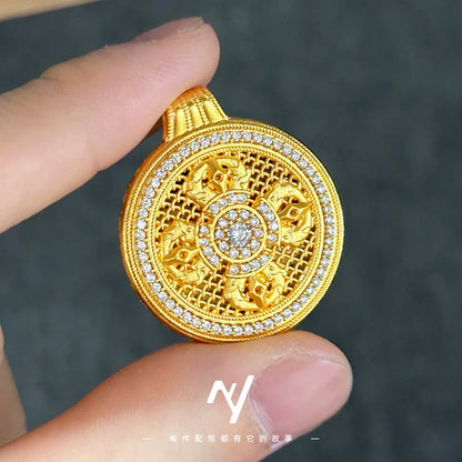 Luxury 24K 9999 Pure Gold Dorje Vajra Pestle Full Diamond Compasses Pendant Hollow Woolen Chain Lanyard Necklace