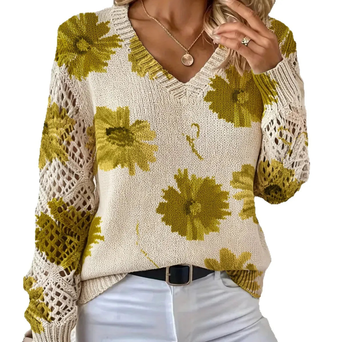 V-neck Fashionable Floral Print Cutout Sleeves Bohemian Pullover Sweater Ropa De Invierno Para Mujer Abbigliamento Donna Autunno
