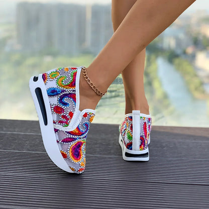 Women's Sneakers Rainbow Embroidered Platform Shoes for Women Breathable Mesh Loafers Lightweight Slip On Casual Shoes Plus Size
