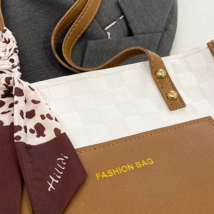 Patchwork Contrast Color Handbag Women's Casual Fashion Tote Bag Large Capacity Single Shoulder Bag Women's Silk Scarf Bag