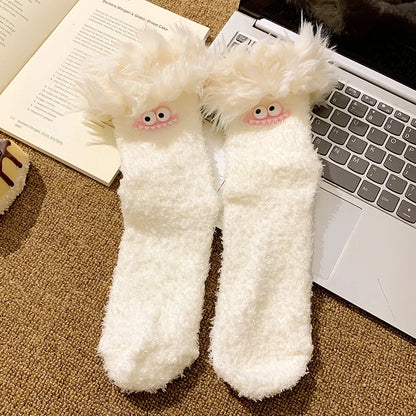 Funny Big Mouth Monster Plush Socks Cute And Fun Plush Socks Thick Coral Velvet Cartoon Sleeping Socks Winter Women Socks Gifts