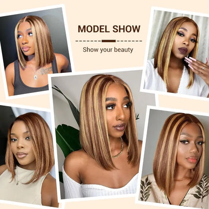 Highlight 13x4 Lace Front Bob Wig Human Hair P4/27 Honey Blonde Straight Bob Wig Human Hair Pre Plucked with Baby Hair