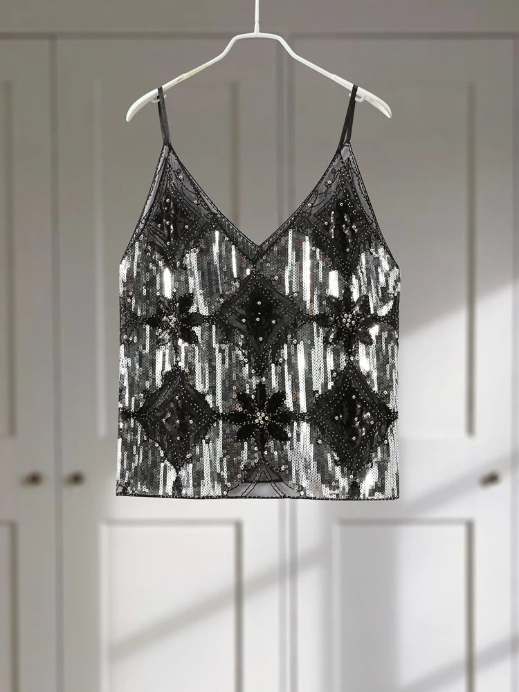 Sexy Sequins Beaded Camisoles Women Glitter Sleeveless Backless Pleated Sling Crop Tops 2026 Spring Summer Club Party Tank Lady
