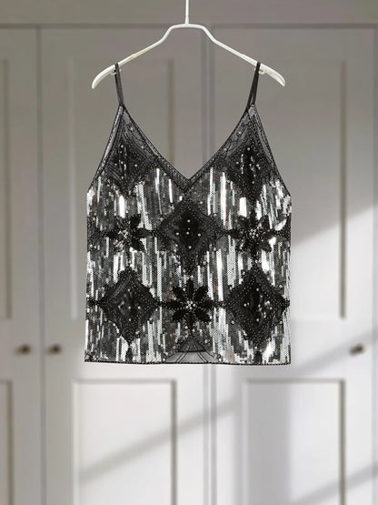 Sexy Sequins Beaded Camisoles Women Glitter Sleeveless Backless Pleated Sling Crop Tops 2026 Spring Summer Club Party Tank Lady