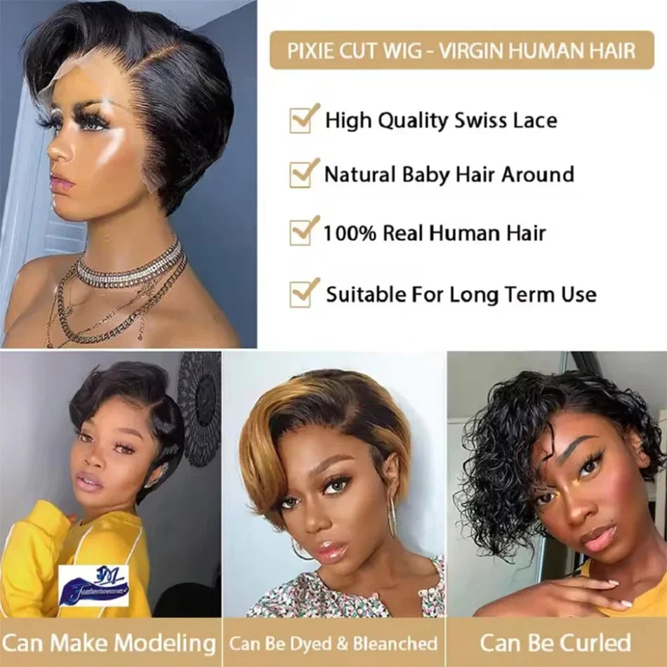Straight Pixie Cut Wig Transparent Lace Human Hair 13×4 Human Hair Wigs Short Bob Wig For Black Woman hair Natural Color/#4