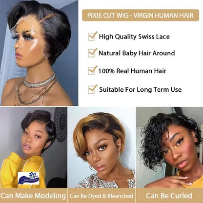 Straight Pixie Cut Wig Transparent Lace Human Hair 13×4 Human Hair Wigs Short Bob Wig For Black Woman hair Natural Color/#4